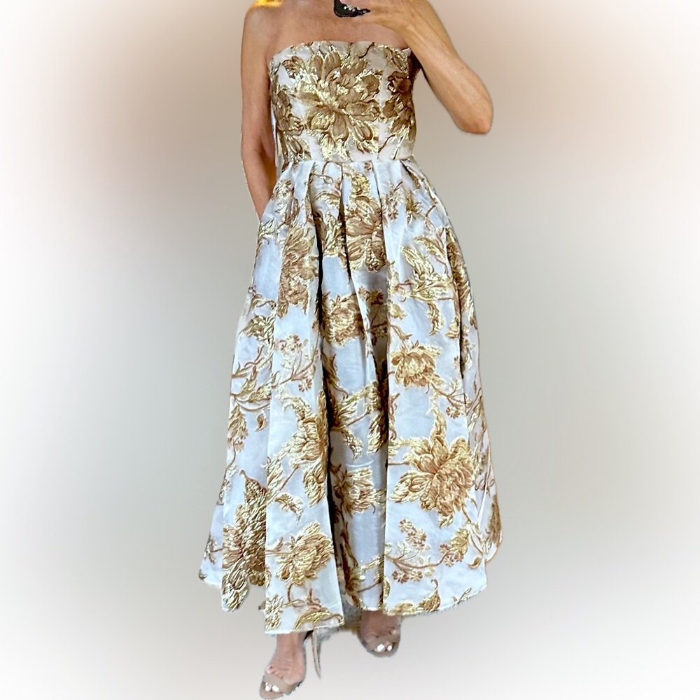 Mac Duggal Gold Strapless Brocade Midi Dress with Pockets - Picture 3 of 5